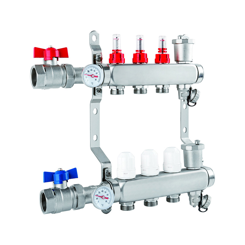 HengliHVAC's HL-2616 Water collector -3-branch radiant hot and cold water manifold, stainless steel.